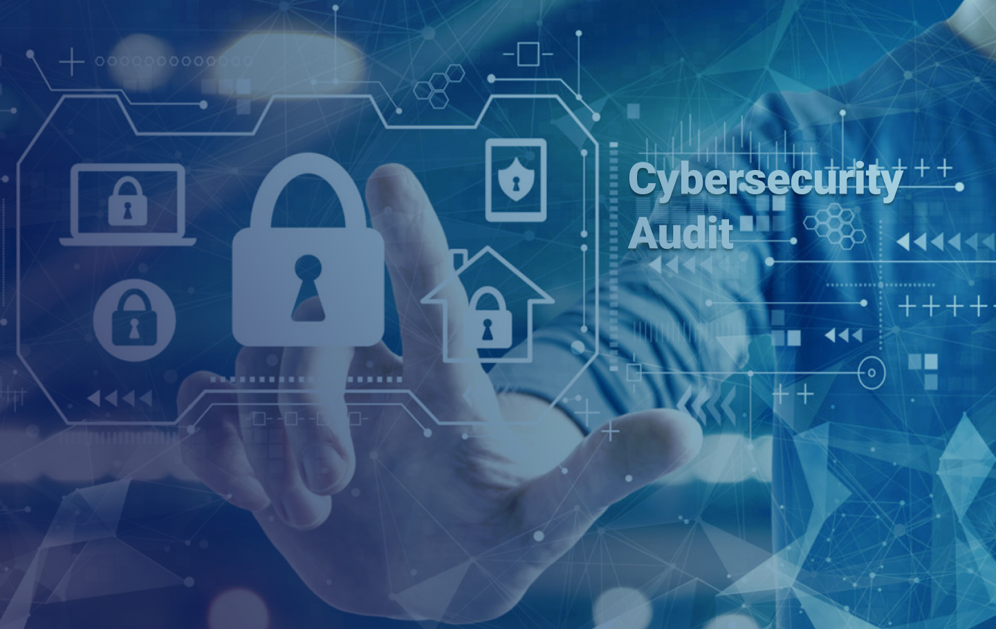 Hand selecting a cyber security audit padlock icon on a screen