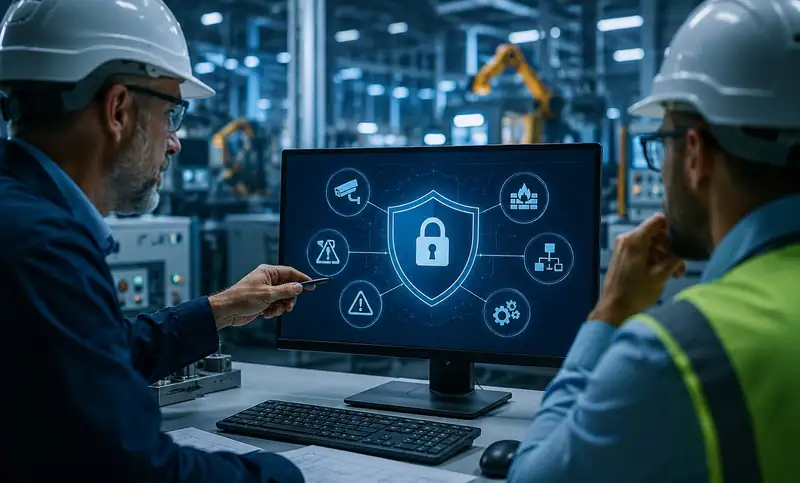 Engineer reviewing an OT security dashboard on a control room monitor